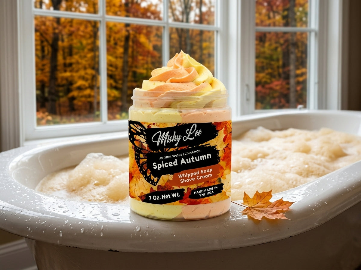 Whipped soap and shave cream jar beside white tub filled with soft foam