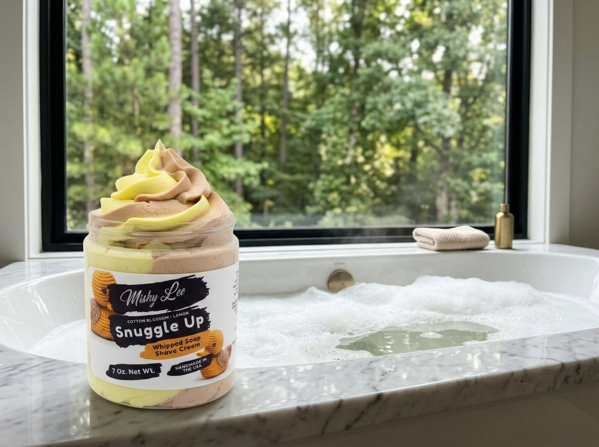 Whipped soap and shave cream jar beside a bathtub with suds