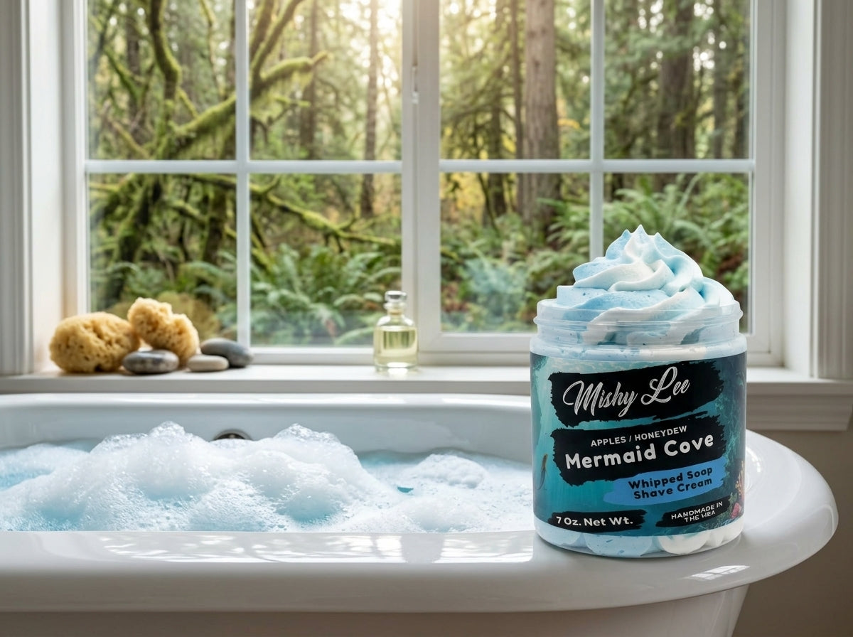 Light blue whipped soap and shave cream jar with swirled top on a white bathtub edge.