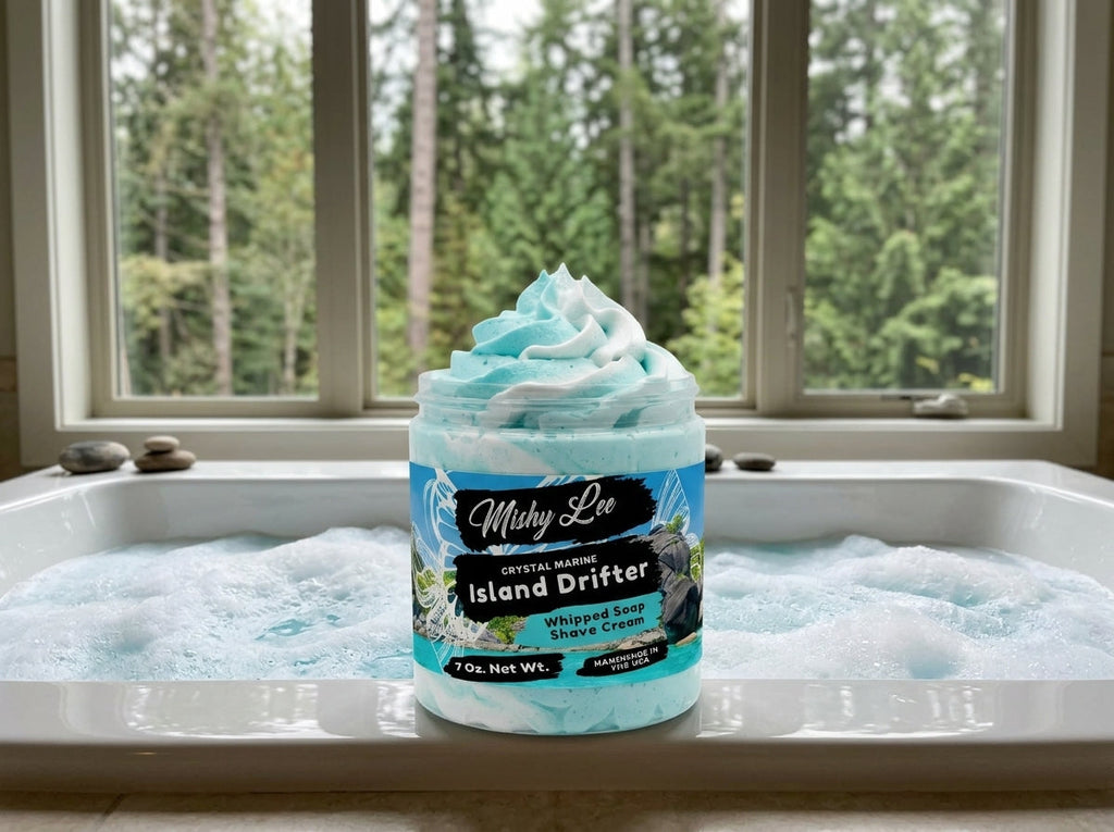 Whipped soap and shave cream jar with turquoise swirl foam in a bathtub