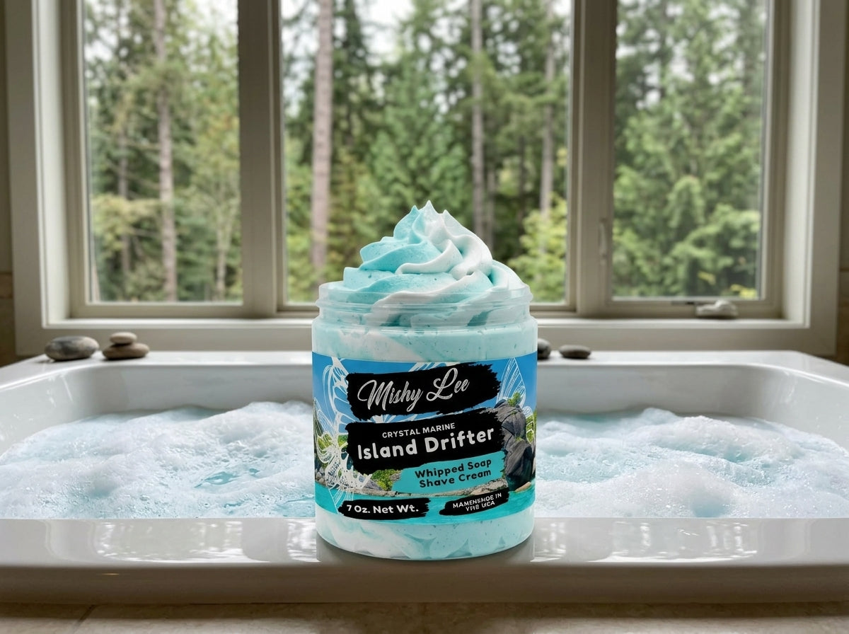 Whipped soap and shave cream jar with turquoise swirl foam in a bathtub