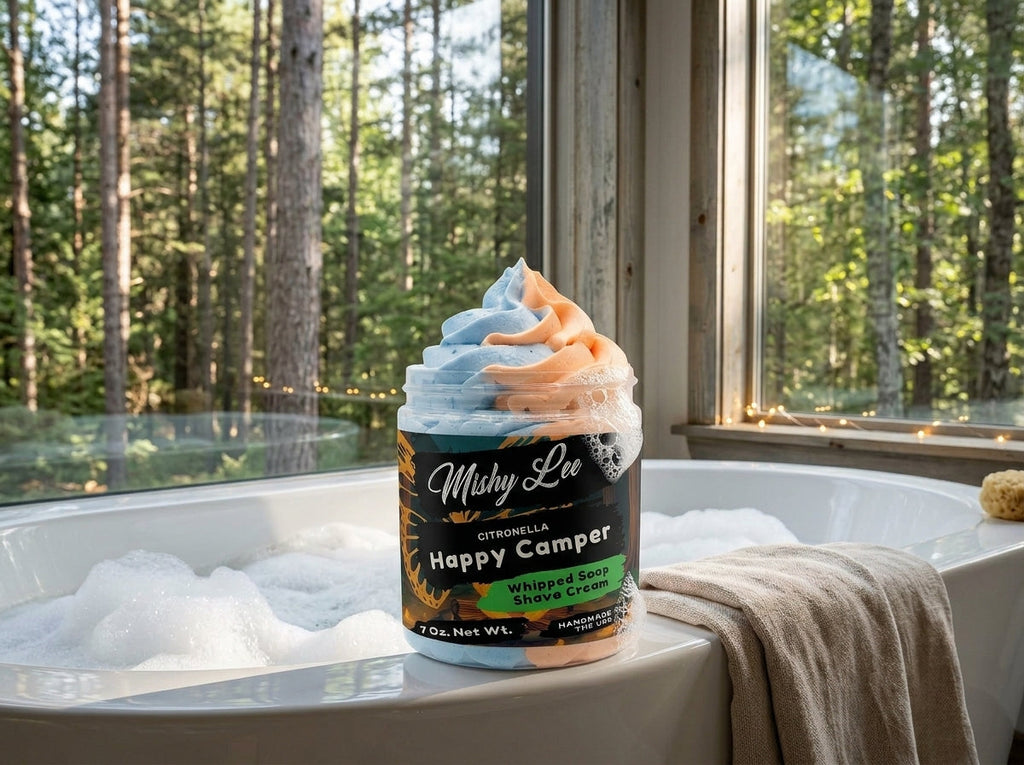 Happy Camper whipped soap and shave cream jar with blue and peach swirled top in tub