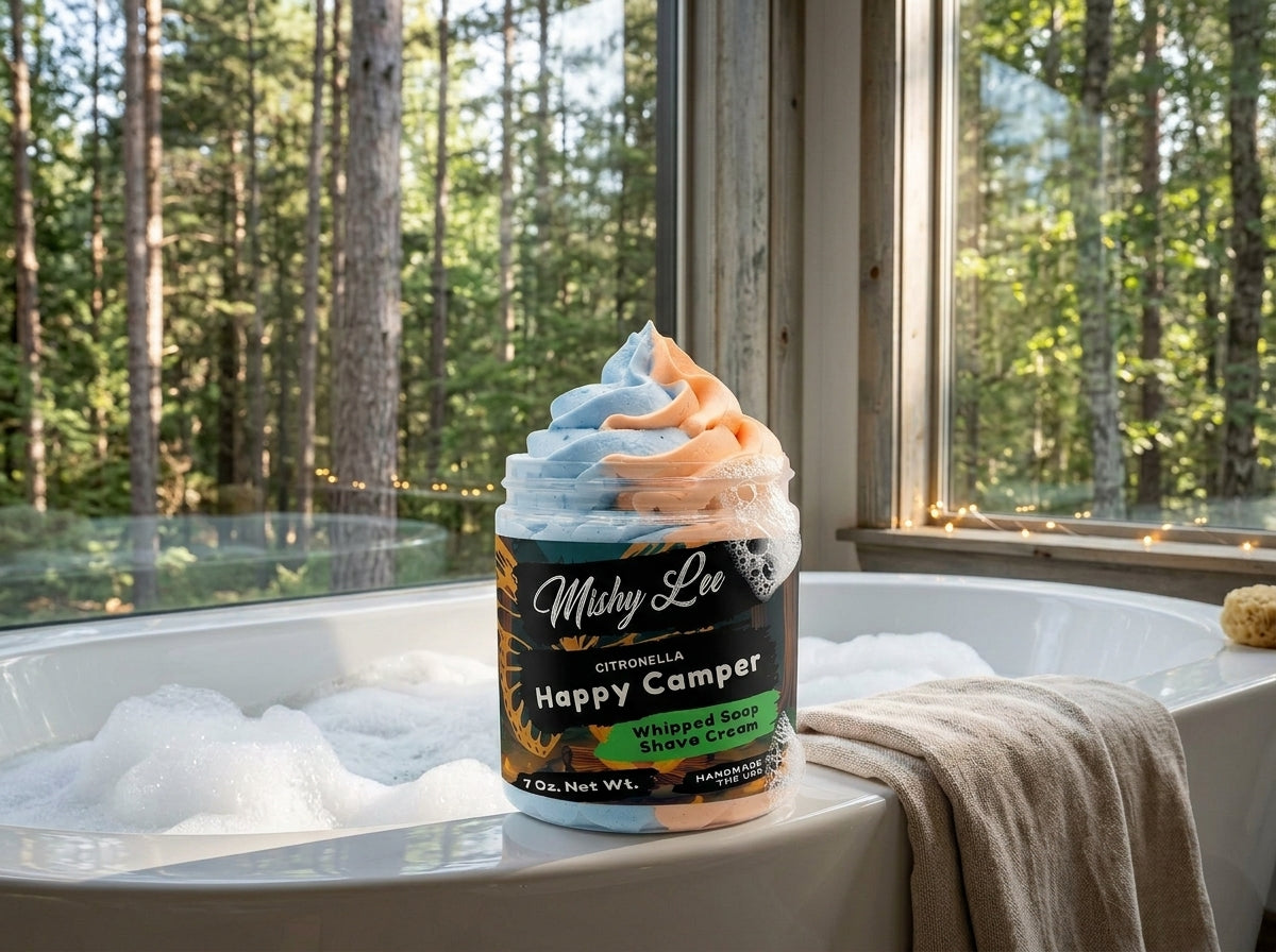 Happy Camper whipped soap and shave cream jar with blue and peach swirled top in tub
