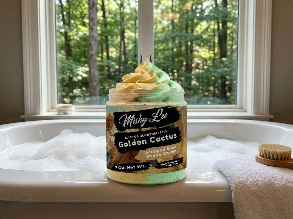 Whipped soap and shave cream jar on bathtub with gold-and-green swirl whipped topping