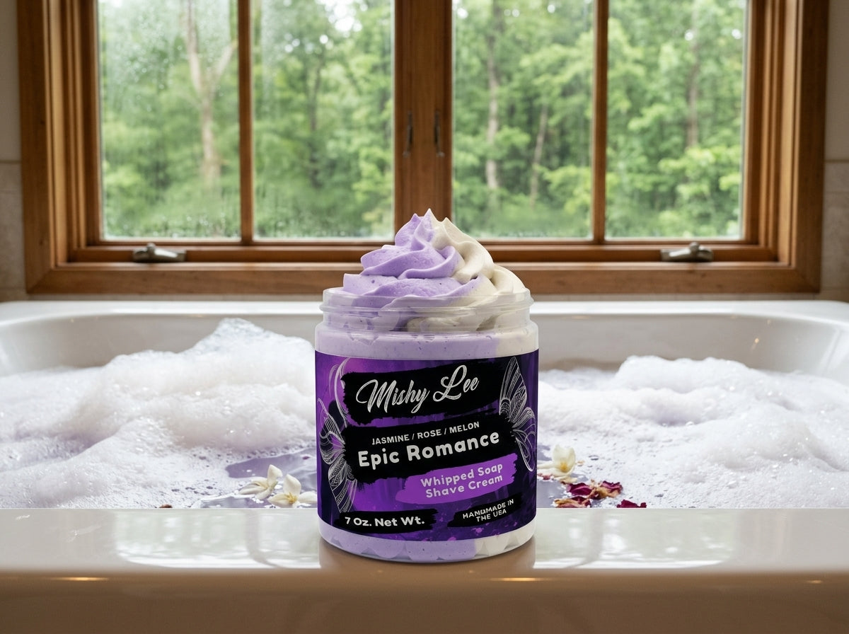 Whipped soap and shave cream jar with purple-cream swirl top in bath foam