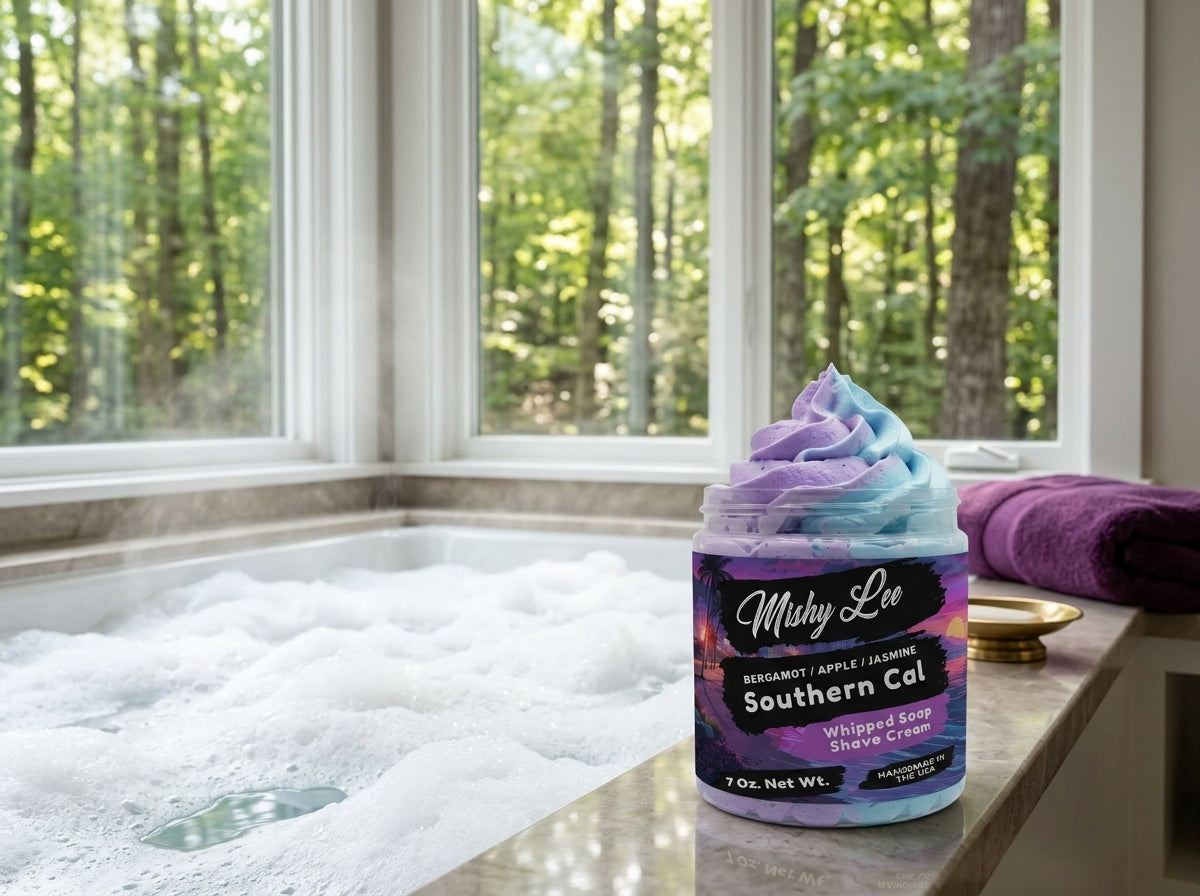 Southern Cal whipped soap and shave cream jar beside white lather in a tub