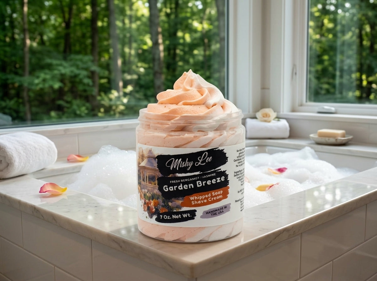 Whipped soap and shave cream jar on bathroom sink