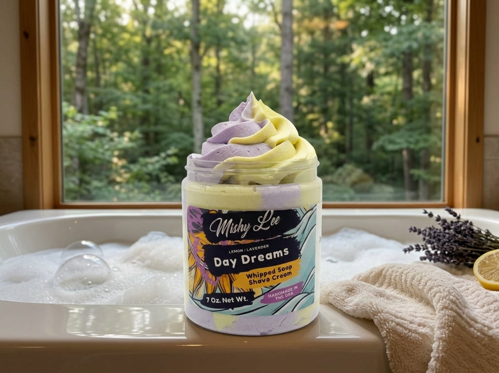 Day Dreams whipped soap and shave cream jar on a bathtub ledge with bath foam