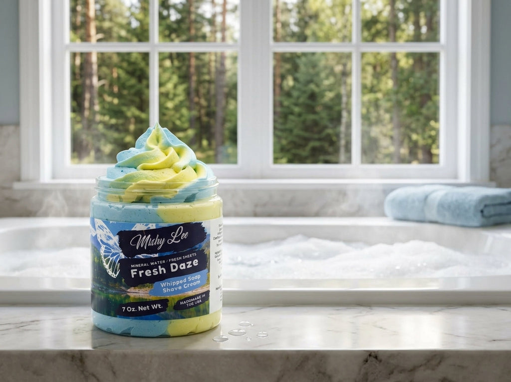 Whipped soap and shave cream jar with blue and yellow swirl topping and Mishy Lee label