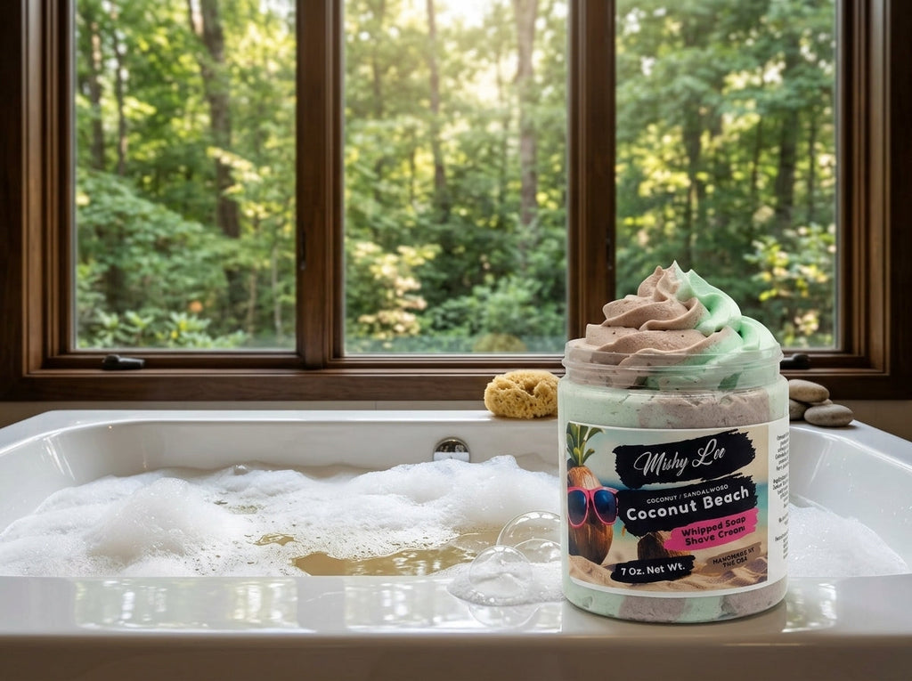 Whipped soap and shave cream jar in a bathtub with layered mint and brown swirls