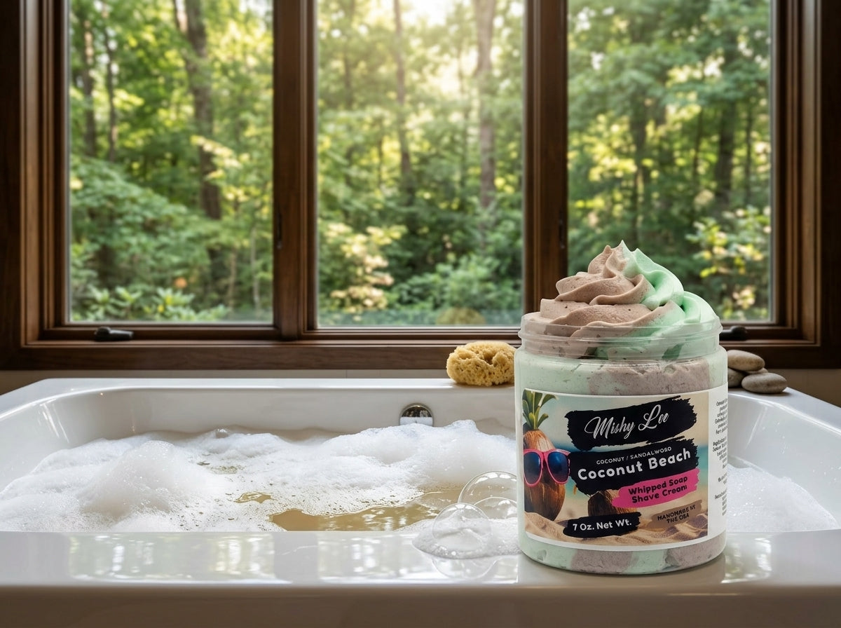 Whipped soap and shave cream jar in a bathtub with layered mint and brown swirls
