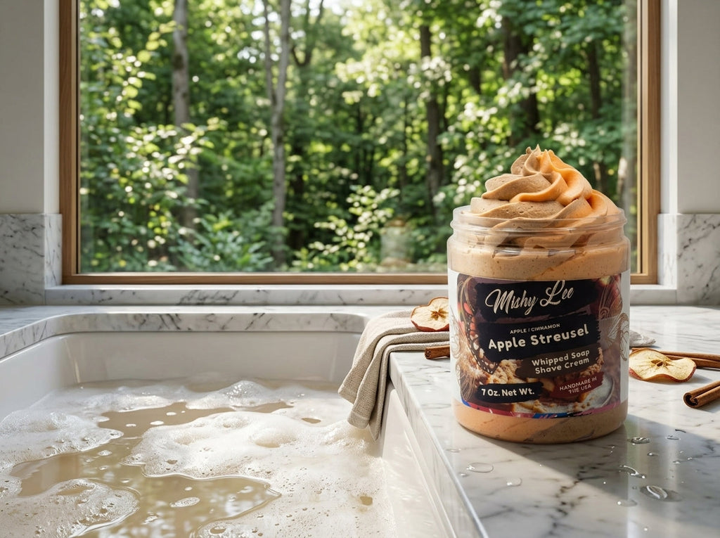 Whipped soap and shave cream jar with beige swirl top on bathroom counter