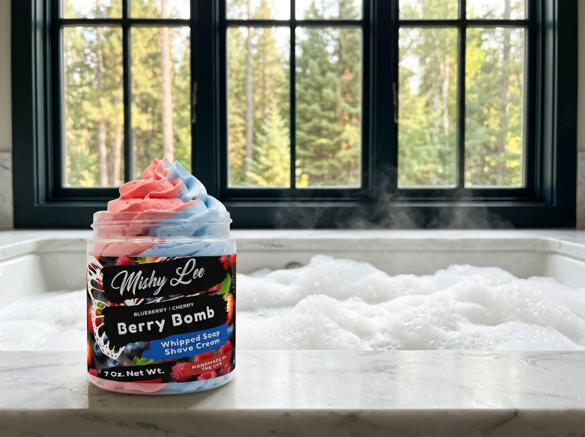 Whipped soap and shave cream jar placed beside a filled white bathtub