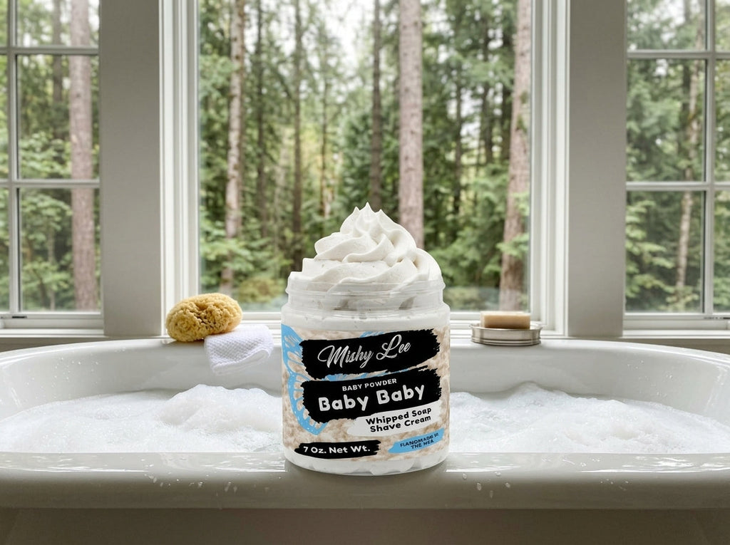 Baby whipped soap and shave cream jar beside bathtub foam and small sponge
