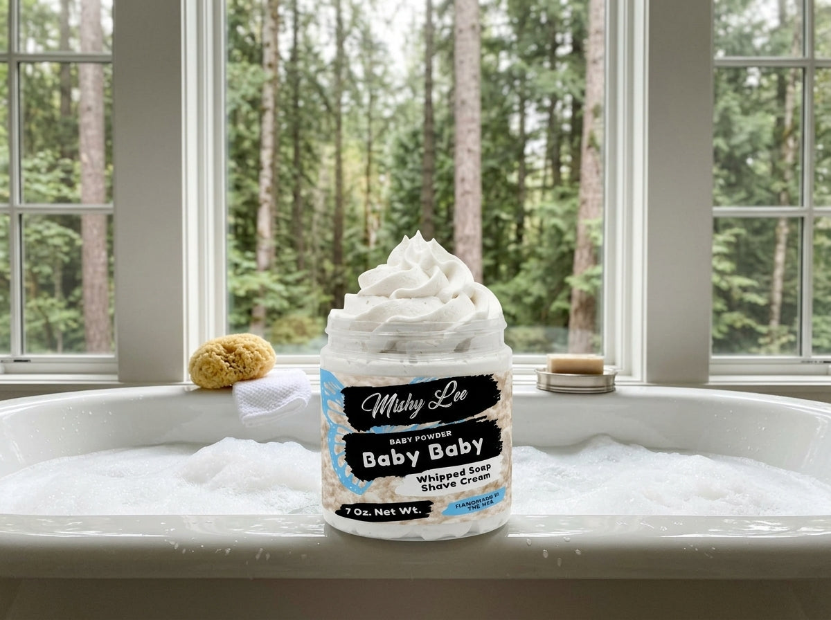 Baby whipped soap and shave cream jar beside bathtub foam and small sponge