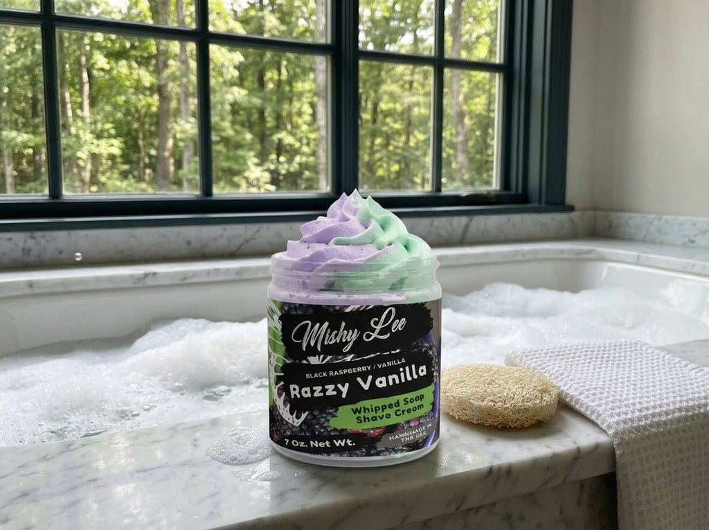 Whipped soap and shave cream jar in a tub with purple and mint swirl foam