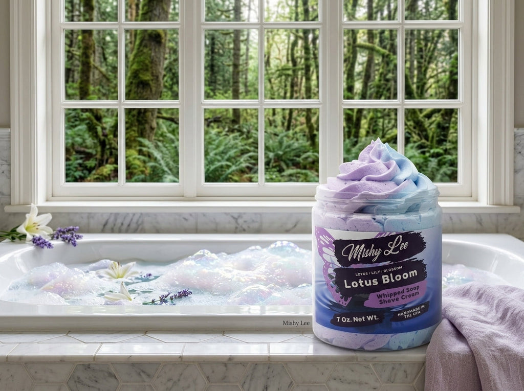 Whipped soap and shave cream jar on a bathroom tub ledge with foam swirls