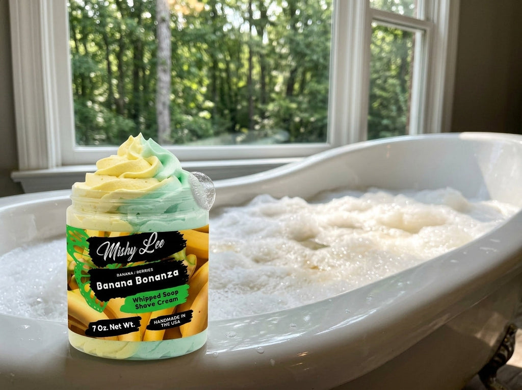 Whipped soap and shave cream jar beside a bathtub filled with white foamy water
