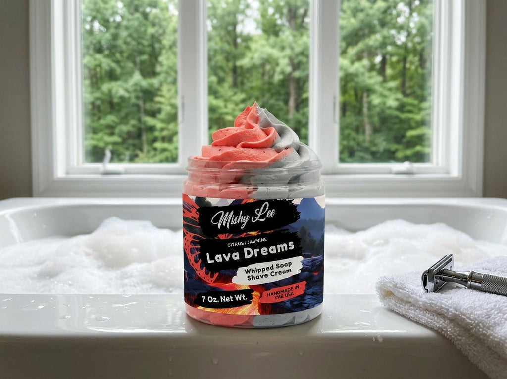 Whipped soap and shave cream jar on bathtub with red and gray whipped swirl top