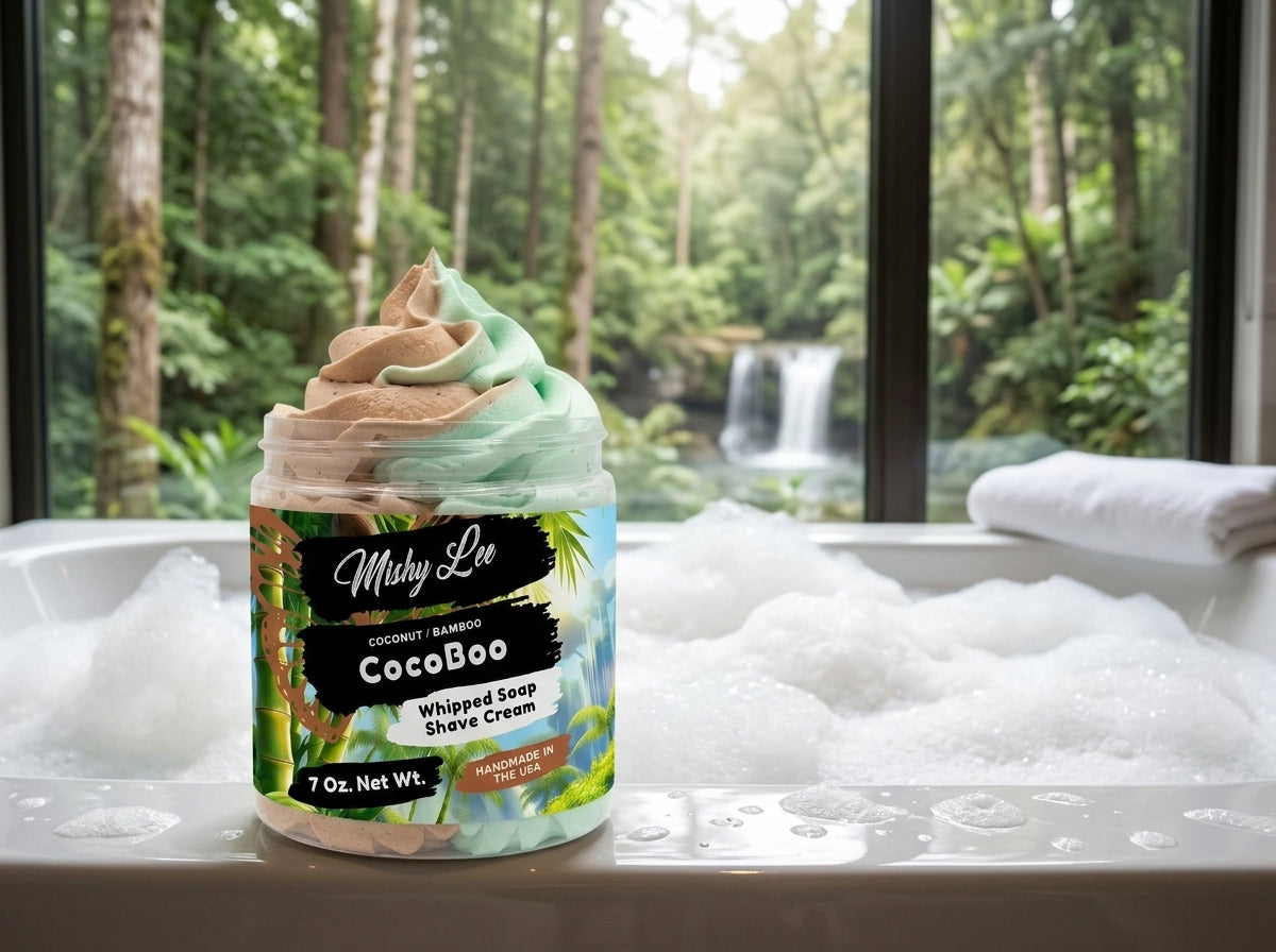 CocoBoo whipped soap and shave cream jar on bathroom sink with visible white lather