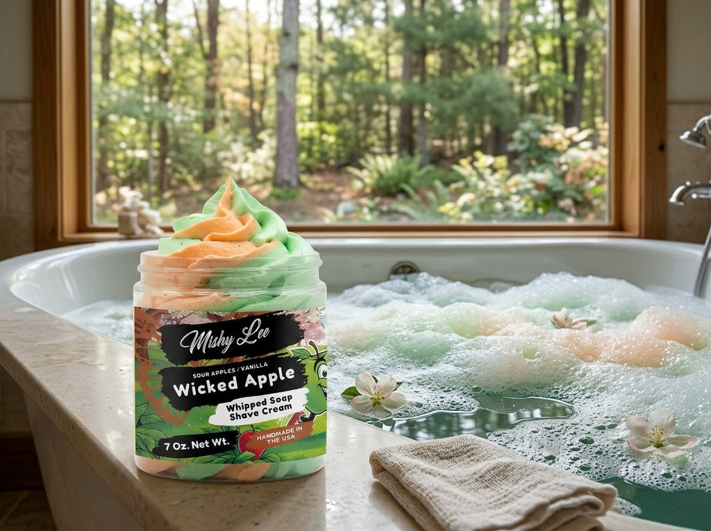 Whipped soap and shave cream jar beside a bathtub with foamy bubbles and swirl top.