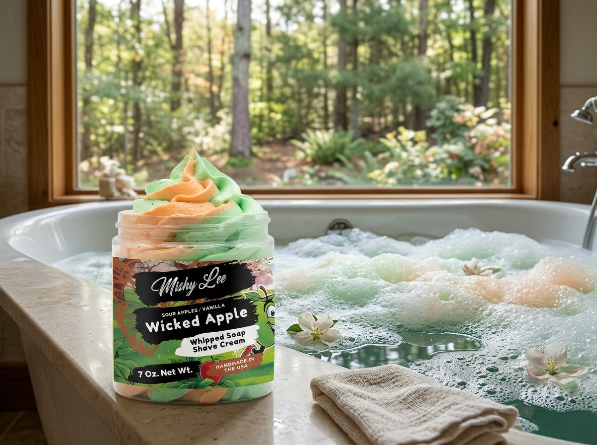 Whipped soap and shave cream jar beside a bathtub with foamy bubbles and swirl top.