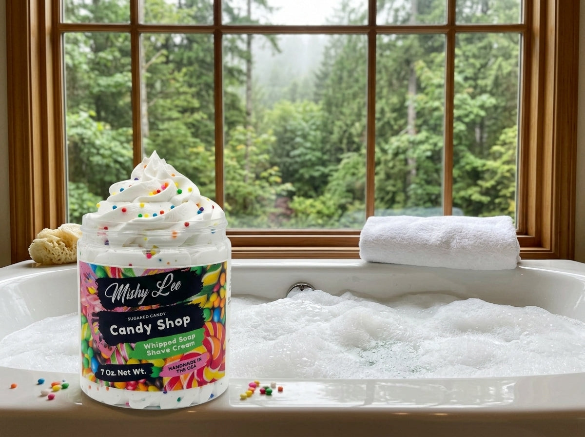 Mishy Lee Candy Shop whipped soap shave cream jar beside bath filled with white foam