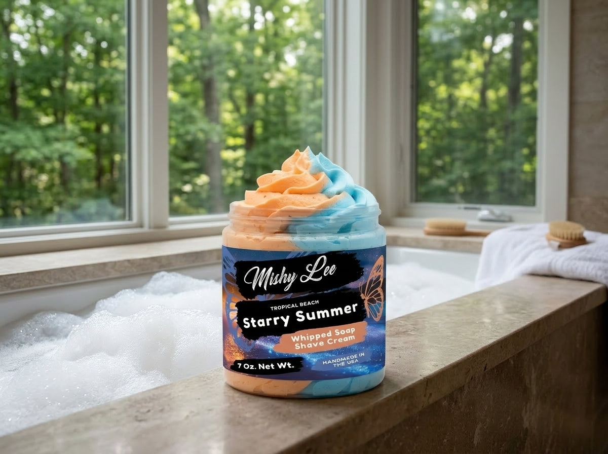Whipped soap and shave cream jar with peach-and-blue swirled top, Starry Summer label
