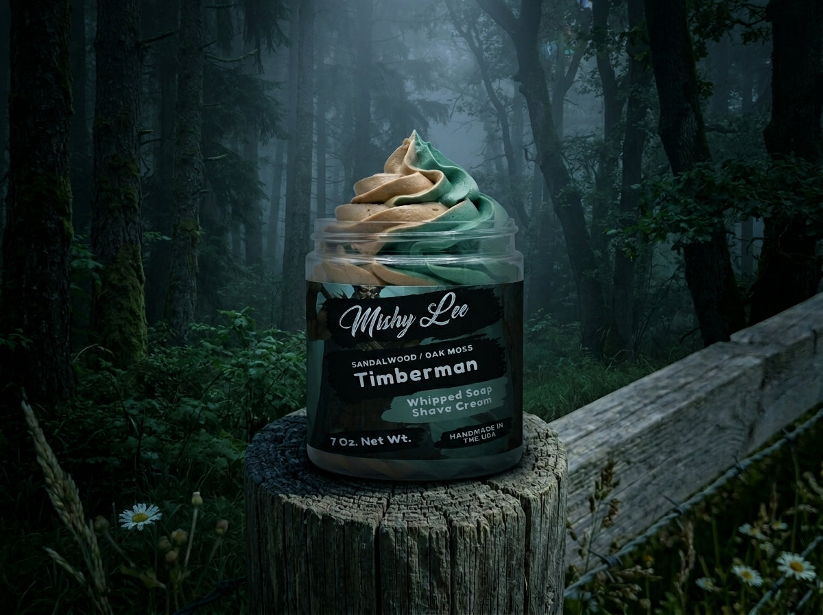 Men's whipped soap and shave cream jar on stump in forest scene