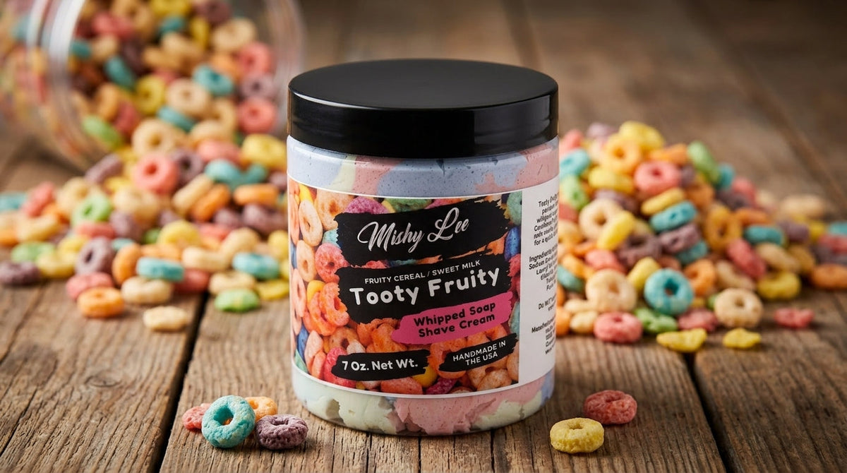 Whipped soap and shave cream jar on wooden table with multicolor cereal pieces