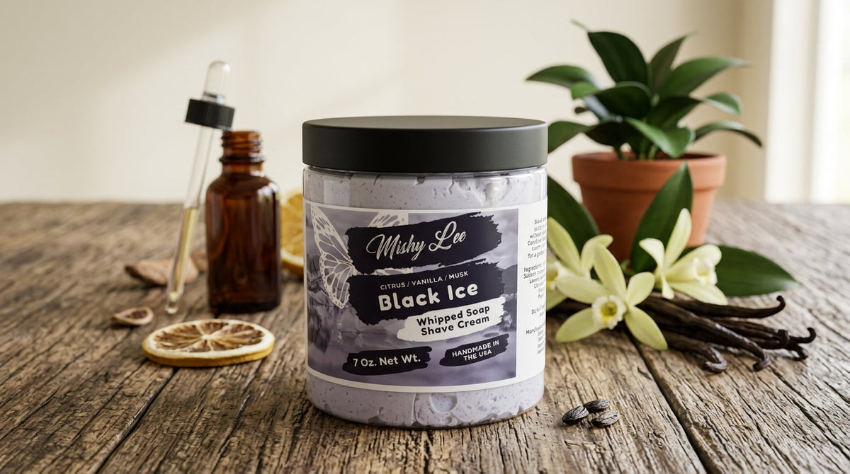 Whipped soap and shave cream jar on wooden table with light purple foam inside