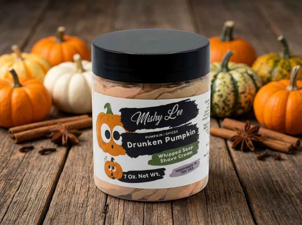 Whipped pumpkin soap and shave cream jar with black lid and orange swirl