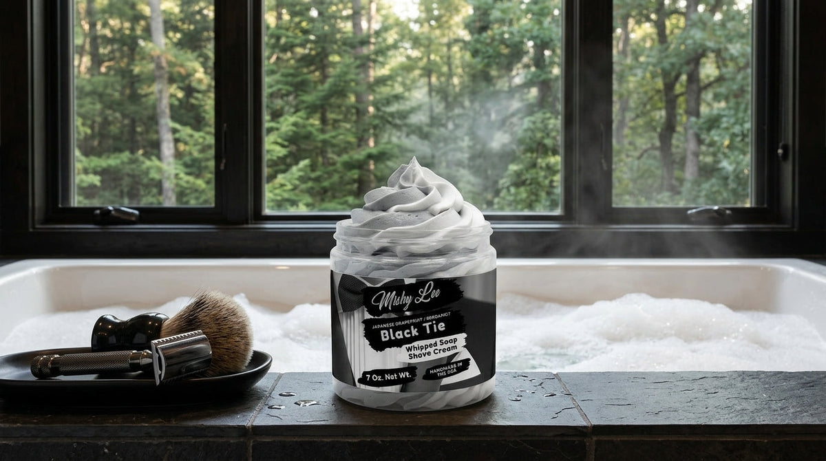 Whipped soap and shave cream jar with gray foam swirl top, Black Tie label