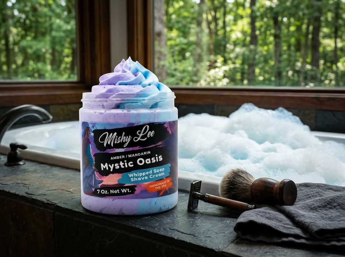 Whipped shave cream jar with purple and blue swirl and a shaving brush.