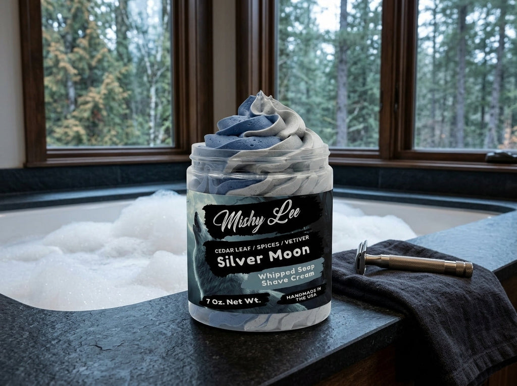 Mushy Lee Silver Moon whipped soap and shave cream jar on bathroom vanity counter