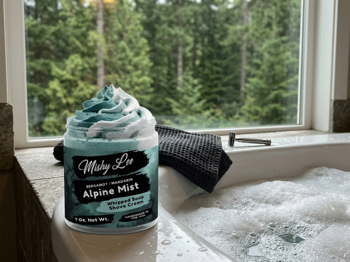 Men’s whipped soap and shave cream jar on bathroom sink with foam and window bubbles.