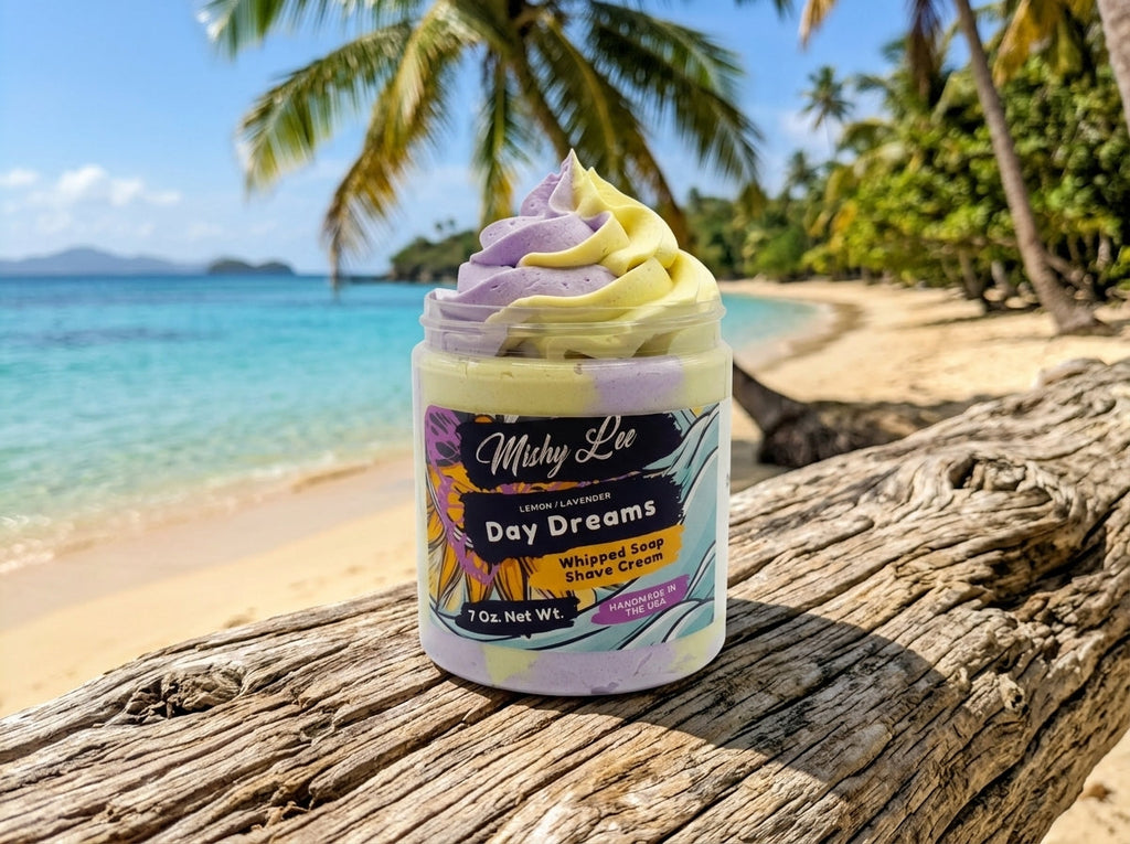 Day Dreams whipped soap and shave cream jar on driftwood with purple and yellow swirls