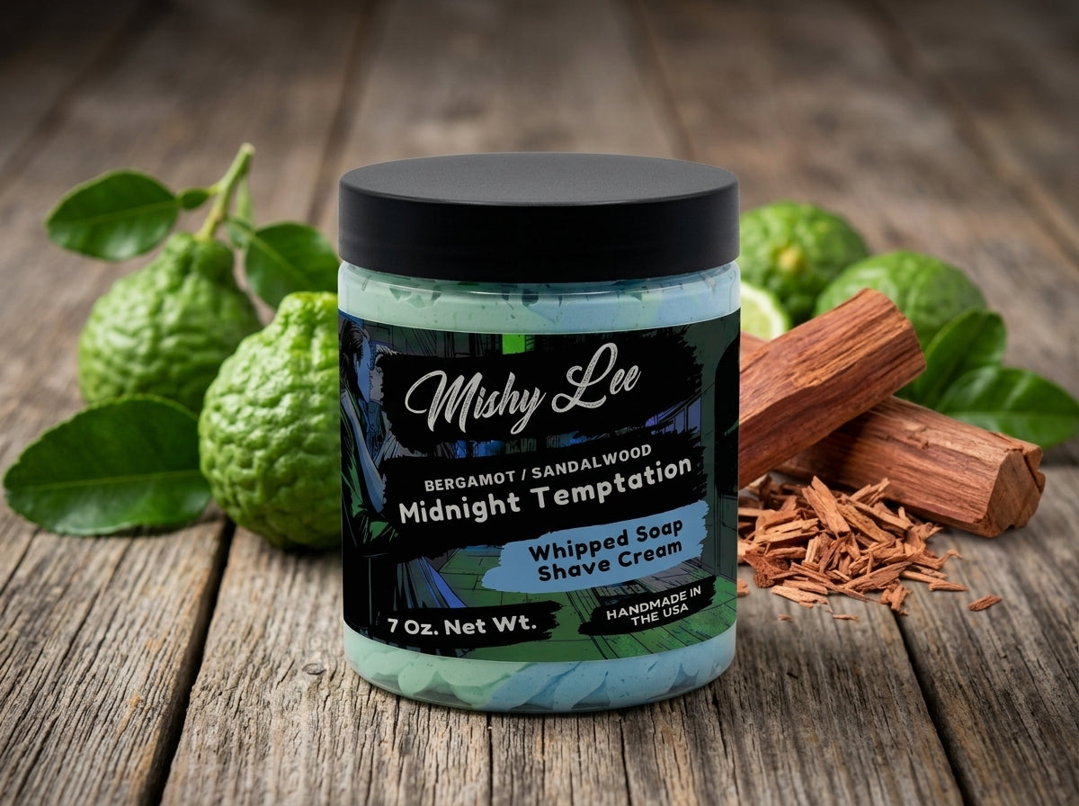 Mishy Lee whipped shave cream jar with black lid on wooden surface, “Midnight Temptation”