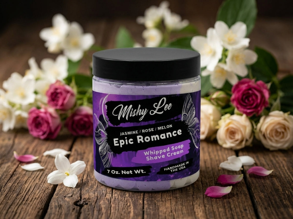Whipped soap and shave cream jar with purple label and purple-cream swirl top