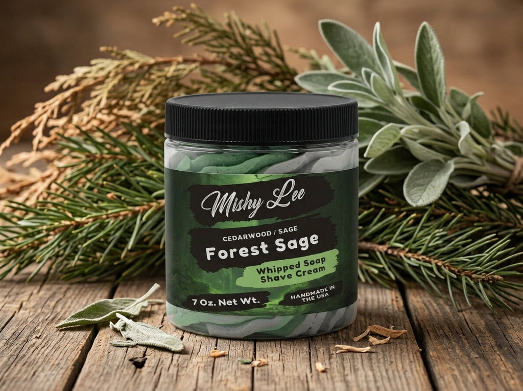 Whipped soap and shave cream jar in Forest Sage, with green herb accents on wood