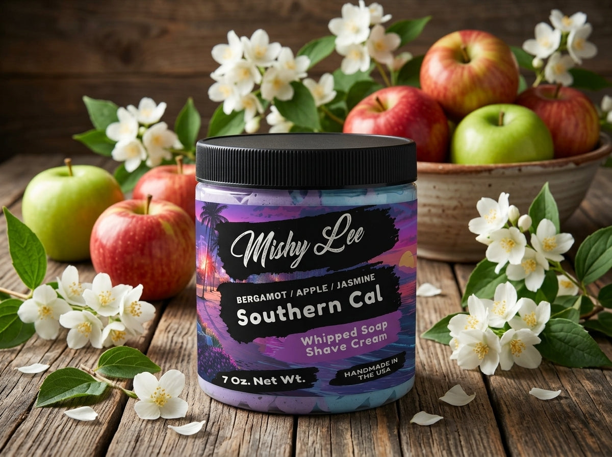 Southern Cal whipped soap and shave cream jar on table with apples and white blossoms