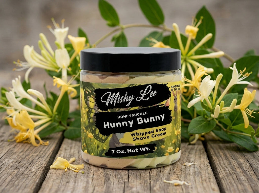 Hunny Bunny whipped soap shave cream jar on wooden surface with flowers