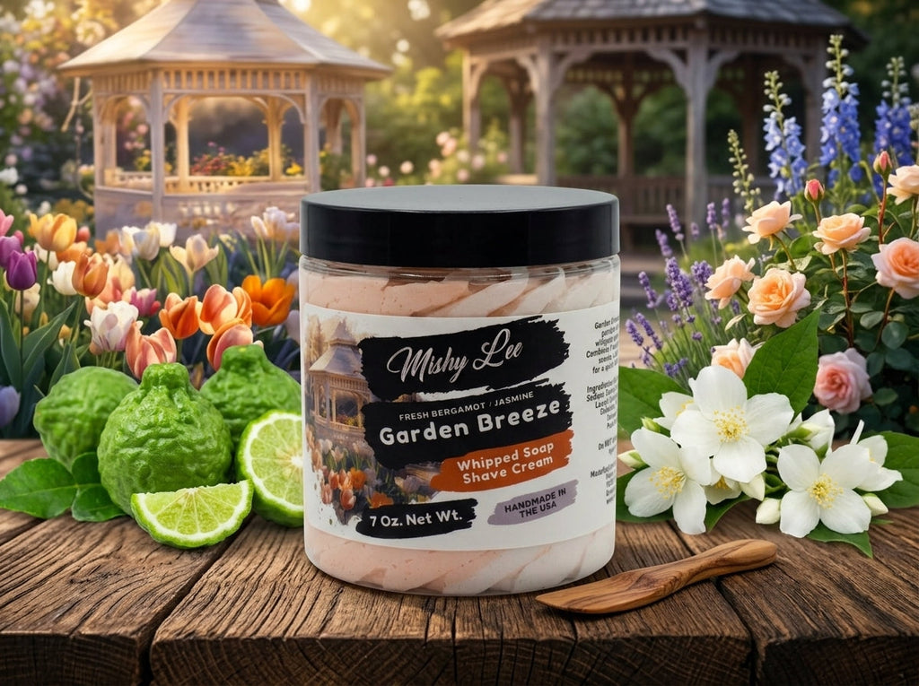 Whipped soap and shave cream jar with peach swirl, black label