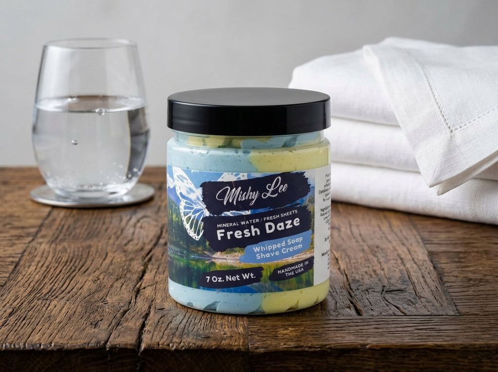 Whipped soap and shave cream jar with lid, blue-yellow swirl topping, Mishy Lee label