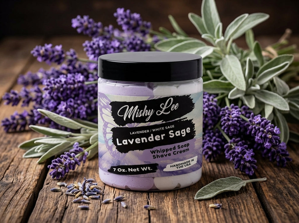 Lavender Sage whipped soap and shave cream jar with black lid on wooden surface
