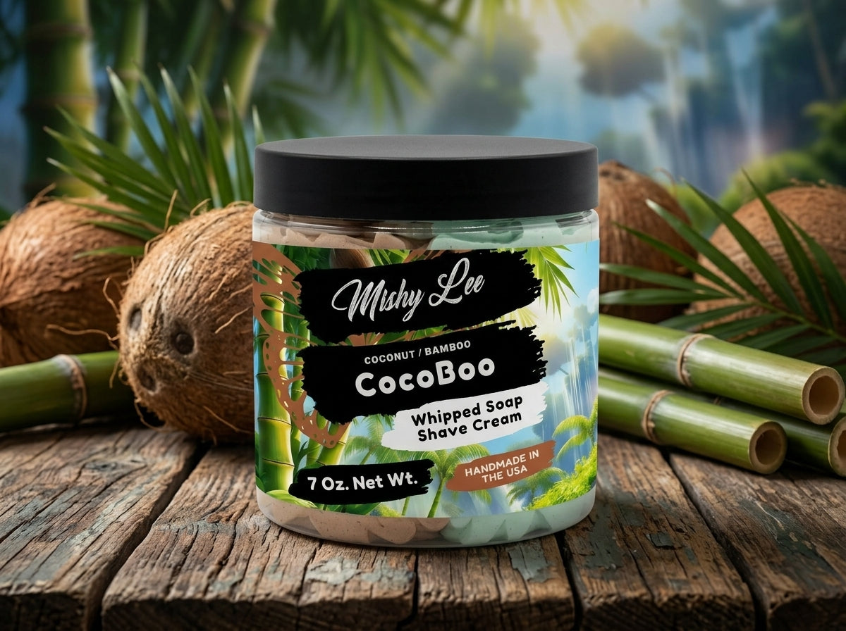 CocoBoo whipped soap and shave cream jar on wooden surface with coconut accents