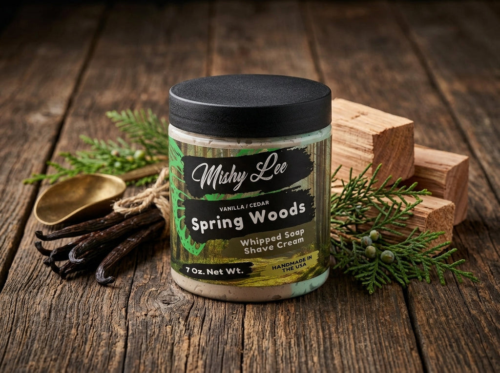 Mishy Lee Spring Woods whipped soap and shave cream jar with black lid on wood surface
