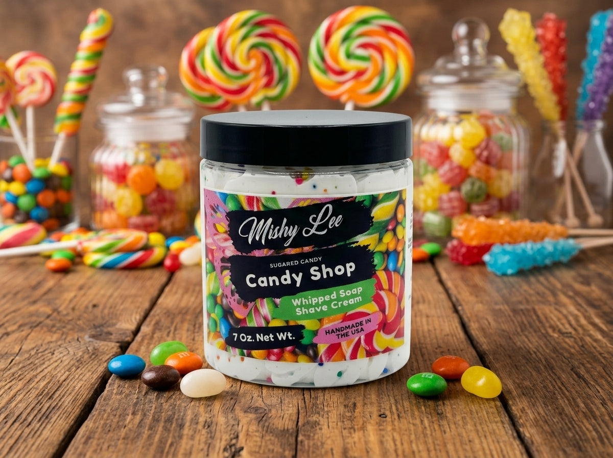 Mishy Lee Candy Shop whipped soap shave cream jar with colorful sprinkles on counter