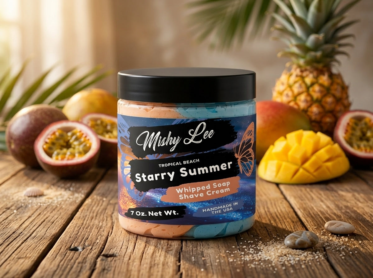 Whipped soap and shave cream jar with black lid, peach-blue swirled cream, Tropical Beach label