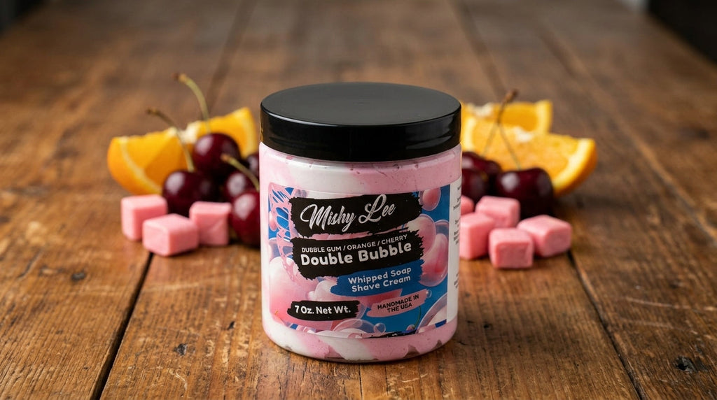 Whipped soap and shave cream tub on wooden surface